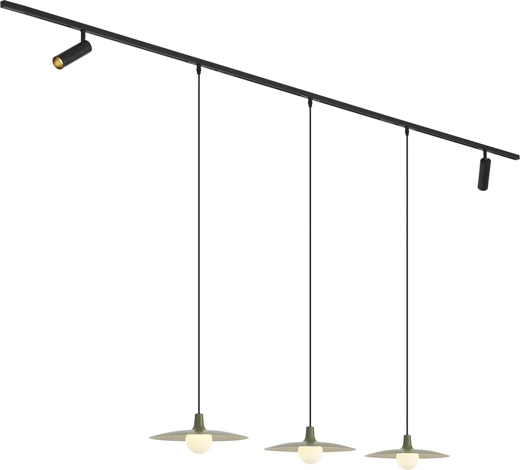 Sistema di illuminazione a binario moderno nero con 2 faretti e 3 lampade a sospensione verdi monofase - Slimline Uzzy Panzi