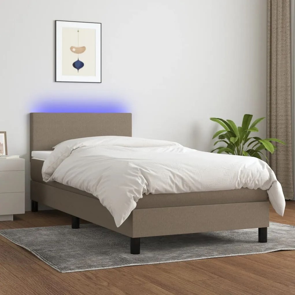 Letto a molle con materasso e led tortora 90x190 cm in tessuto