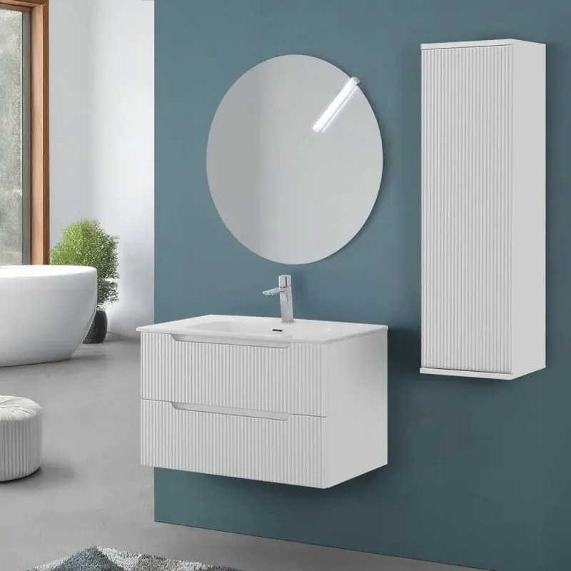 Mobile bagno sospeso 80 bianco cannettato doppi cassetto lavabo e specchio Wise
