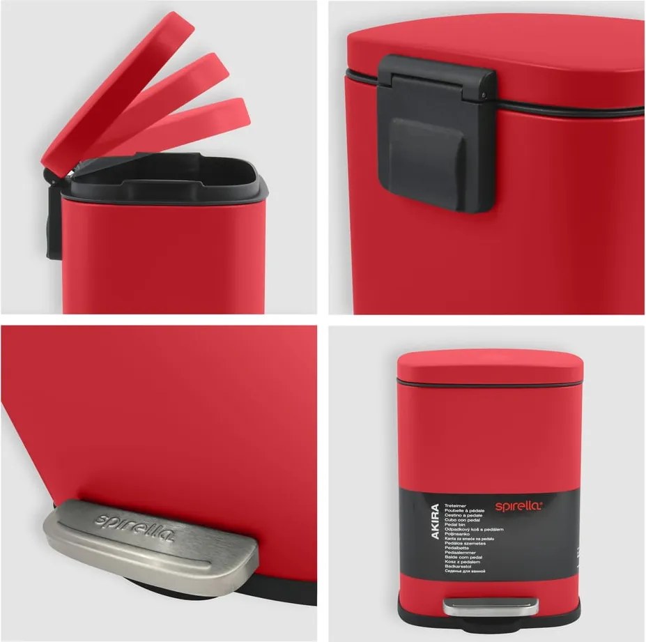 Cestino per la spazzatura rosso in acciaio con pedale 5 l Akira – Spirella