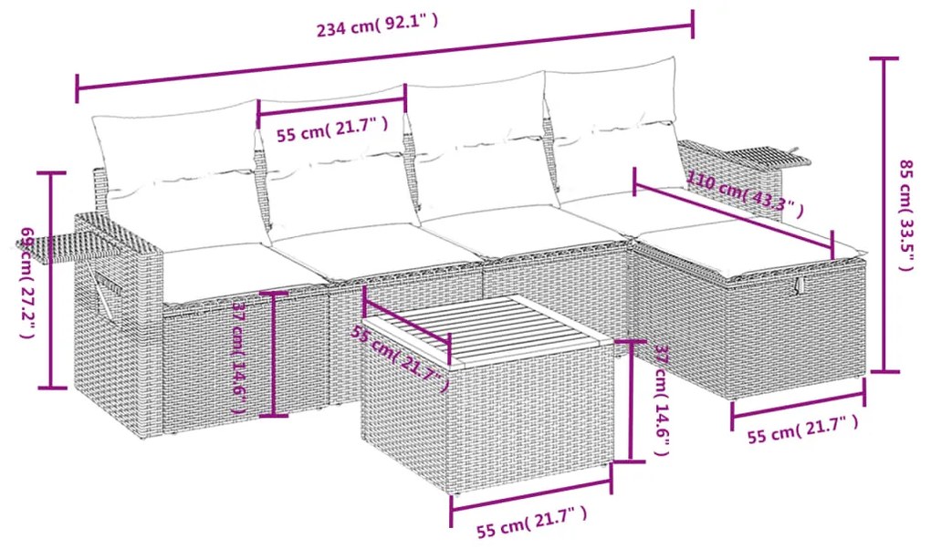 Set divano da giardino 6 pz con cuscini nero in polyrattan