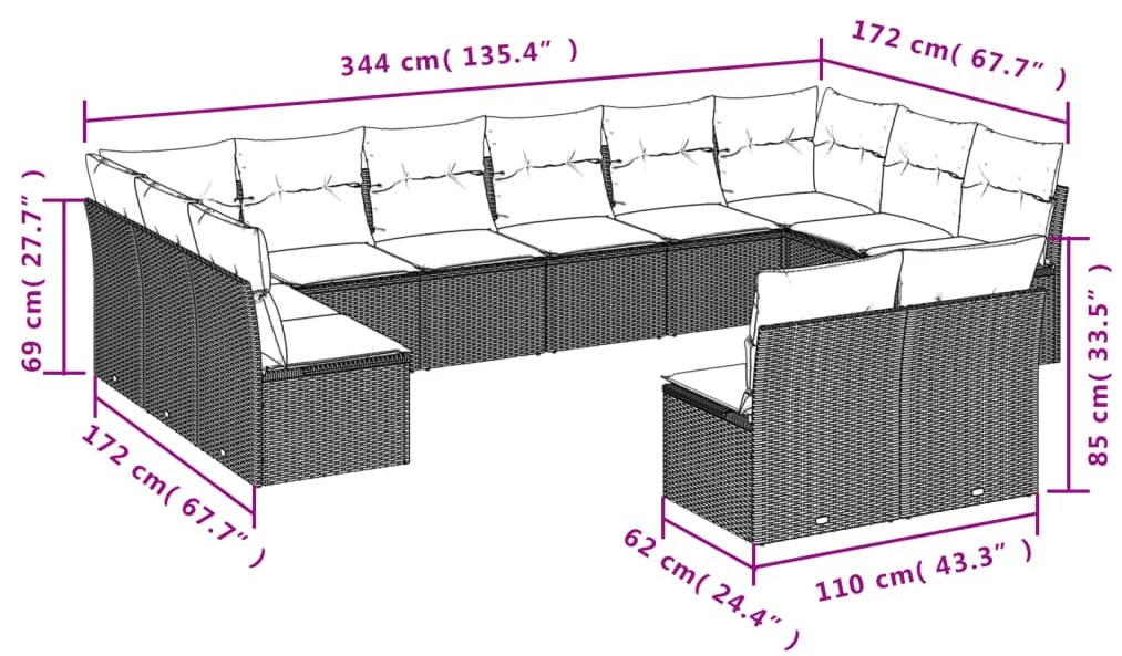 Set divano giardino 12 pz con cuscini grigio chiaro polyrattan