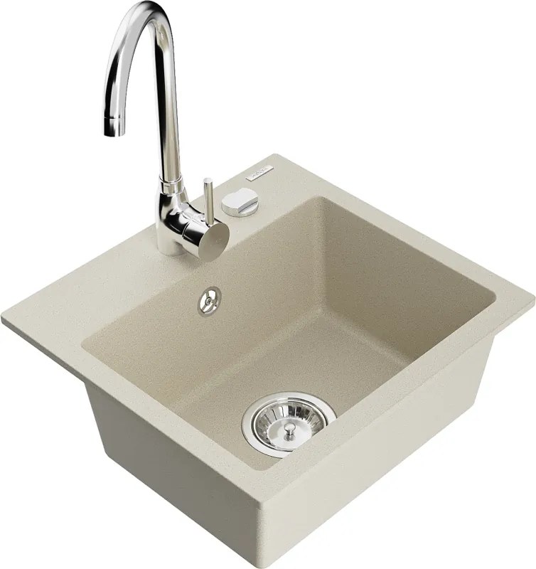 Mexen Milo lavello in granito a 1 vasca con rubinetto da cucina Telma, beige - 6505-69-670200-00