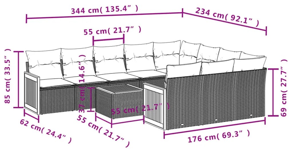 Set Divani da Giardino 11 pz con Cuscini Beige in Polyrattan