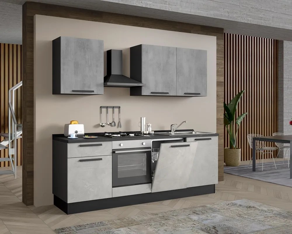 Cucina montata Dora bianco e grigio chiaro, lavello a destra, L 240 cm, completa di: cappa a camino, piano cottura a gas, forno e lavastoviglie