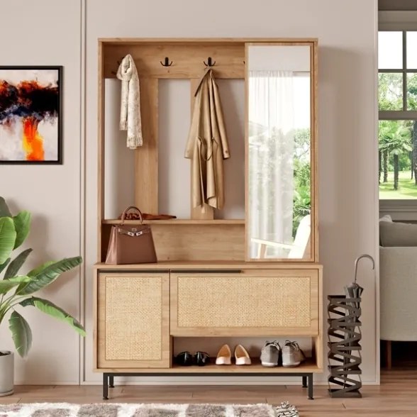 Mobile Da Ingresso Con Scarpiera Appendiabiti E Specchio Orientabile Ocean Rafia