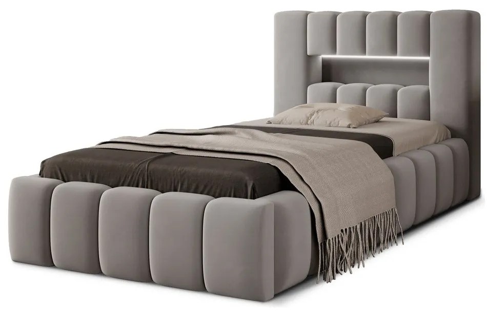 Letto singolo imbottito grigio con contenitore e rete inclusi 90x200 cm Lamica – ELTAP