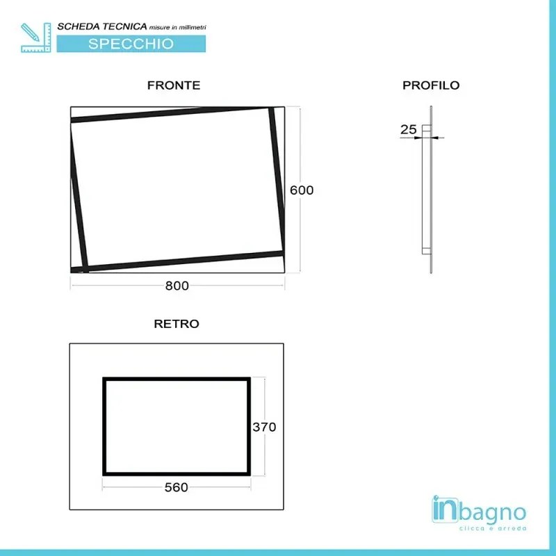 Specchio da bagno serigrafato con telaio 80x60 cm installazione reversibile
