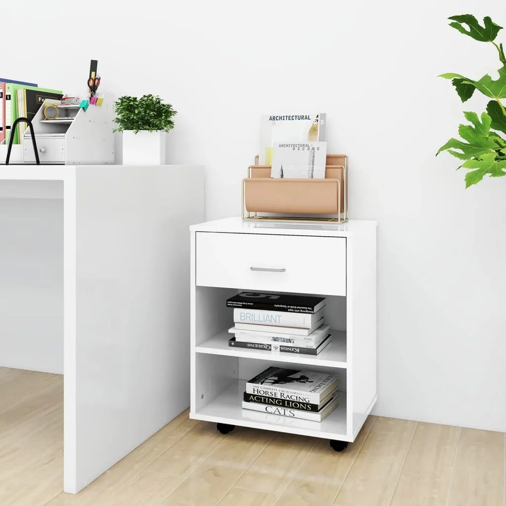 Mobiletto Con Ruote Bianco Lucido 46x36x59 Cm Legno Multistrato /