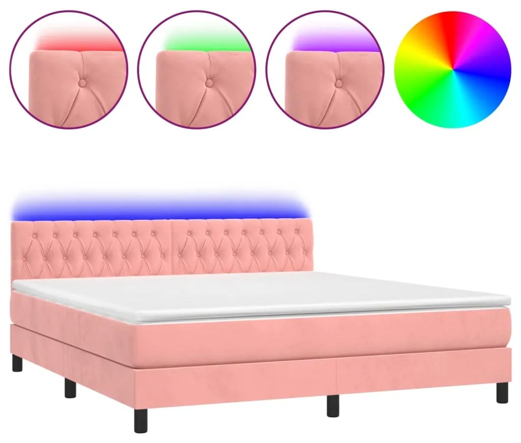 Letto a Molle con Materasso e LED Rosa 180x200 cm in Velluto