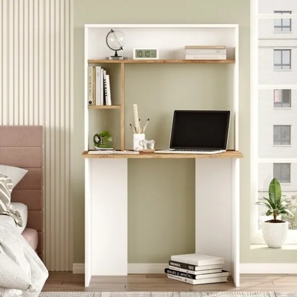 Scrivania Libreria Con Mensole E Scaffali 90x52x149H Rovere E Bianco Bremen