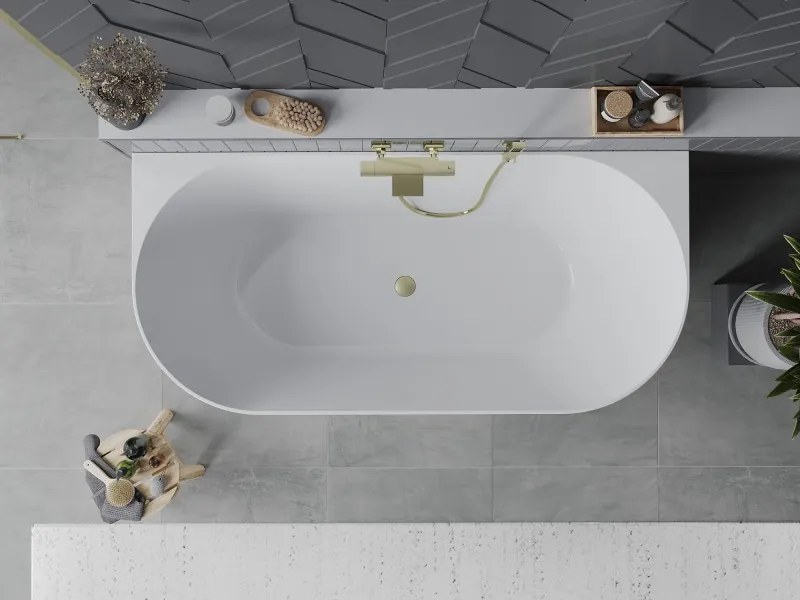 Mexen Oval Slim vasca da bagno freestanding a parete 170 x 80 cm, bianca, troppopieno oro spazzolato - 52661708000-55