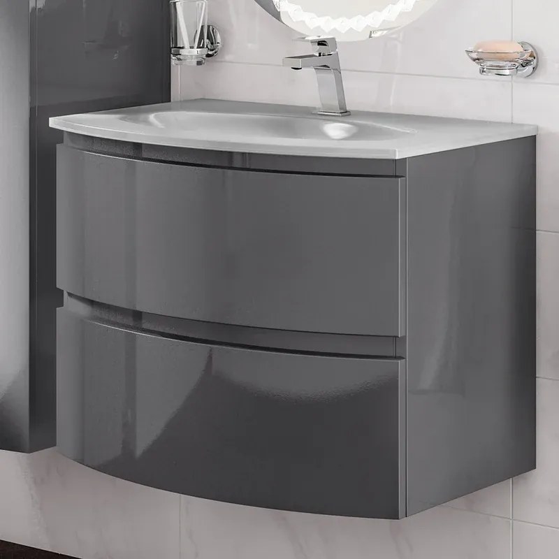 Mobile da bagno sotto lavabo BADEN HAUS Vague grigio laccato lucido L 70 x H 55 x P 50 cm 2 cassetti, lavabo non incluso