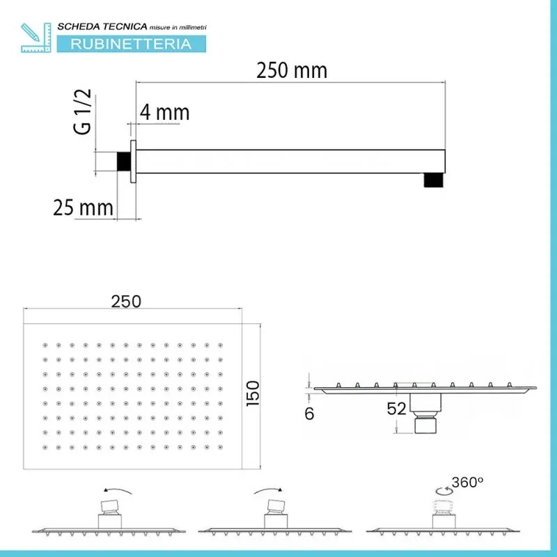Kit doccia braccio 25 cm e soffione rettangolare 25x15 cm cromato lucido