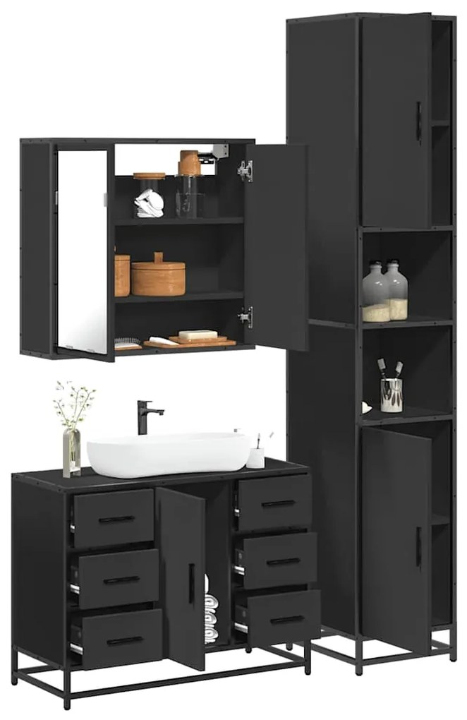 Set Mobili Da Bagno 3 Pz Nero İn Legno Multistrato /