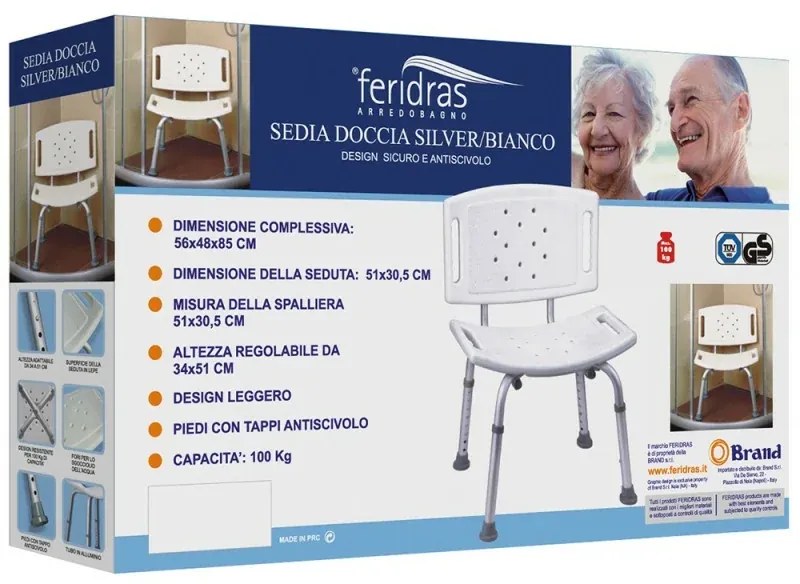 Sedia doccia bianca con schienale regolabile in altezza e piedi antiscivolo