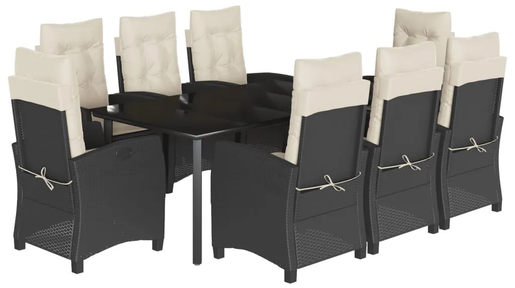 Set da pranzo da giardino 9 pz con cuscini nero in polyrattan