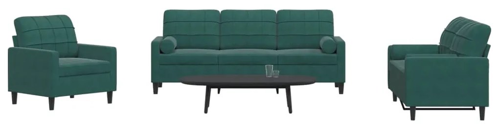 Set Di Divani 3 Pz Con Cuscini E Rinforzi Verde Scuro Velluto /