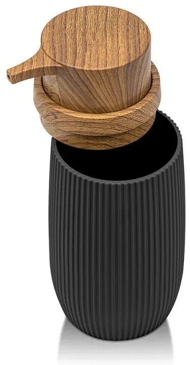 Set 2 pezzi Dispenser sapone e Porta spazzolino Nero dettagli effetto legno Blob