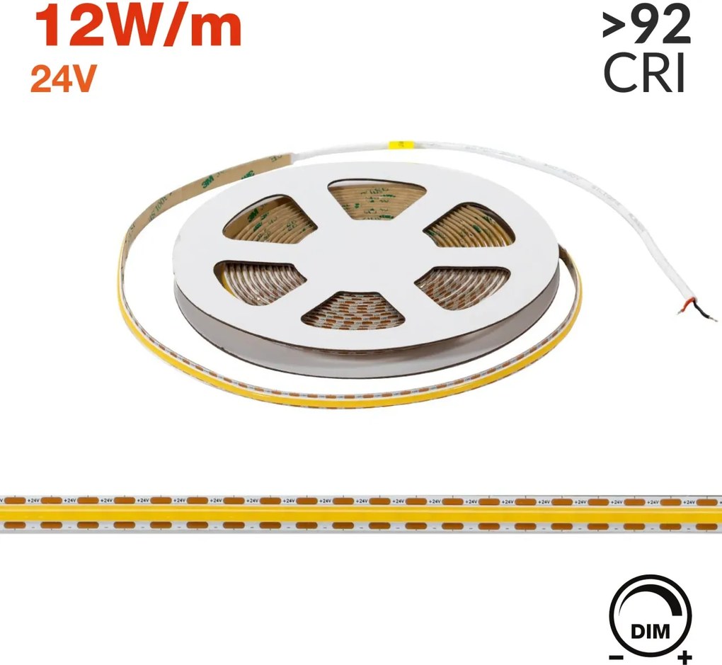Striscia LED COB 24V 12W/m Tagliabile ogni 8mm Professionale IP20 - 5 metri