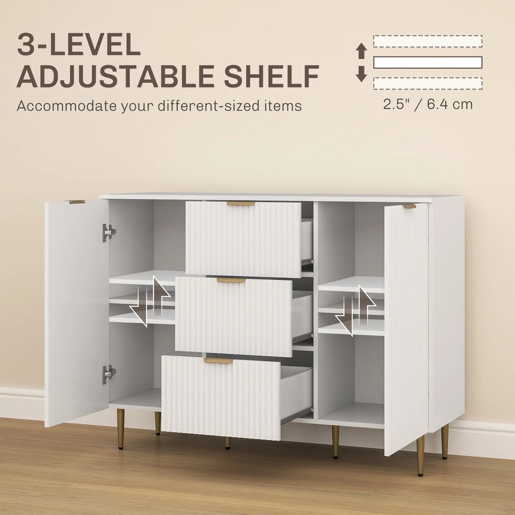 Credenza Moderna 120x40x89,5 cm con 3 Cassetti e 2 Armadietti in Legno e Metallo Bianco...
