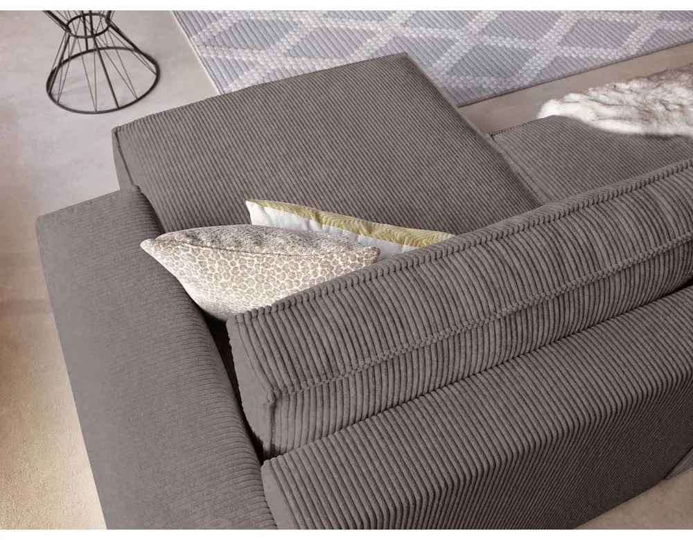 Divano angolare grigio tortora allungabile/con contenitore con rivestimento in velluto a coste Nihad – Bobochic Paris