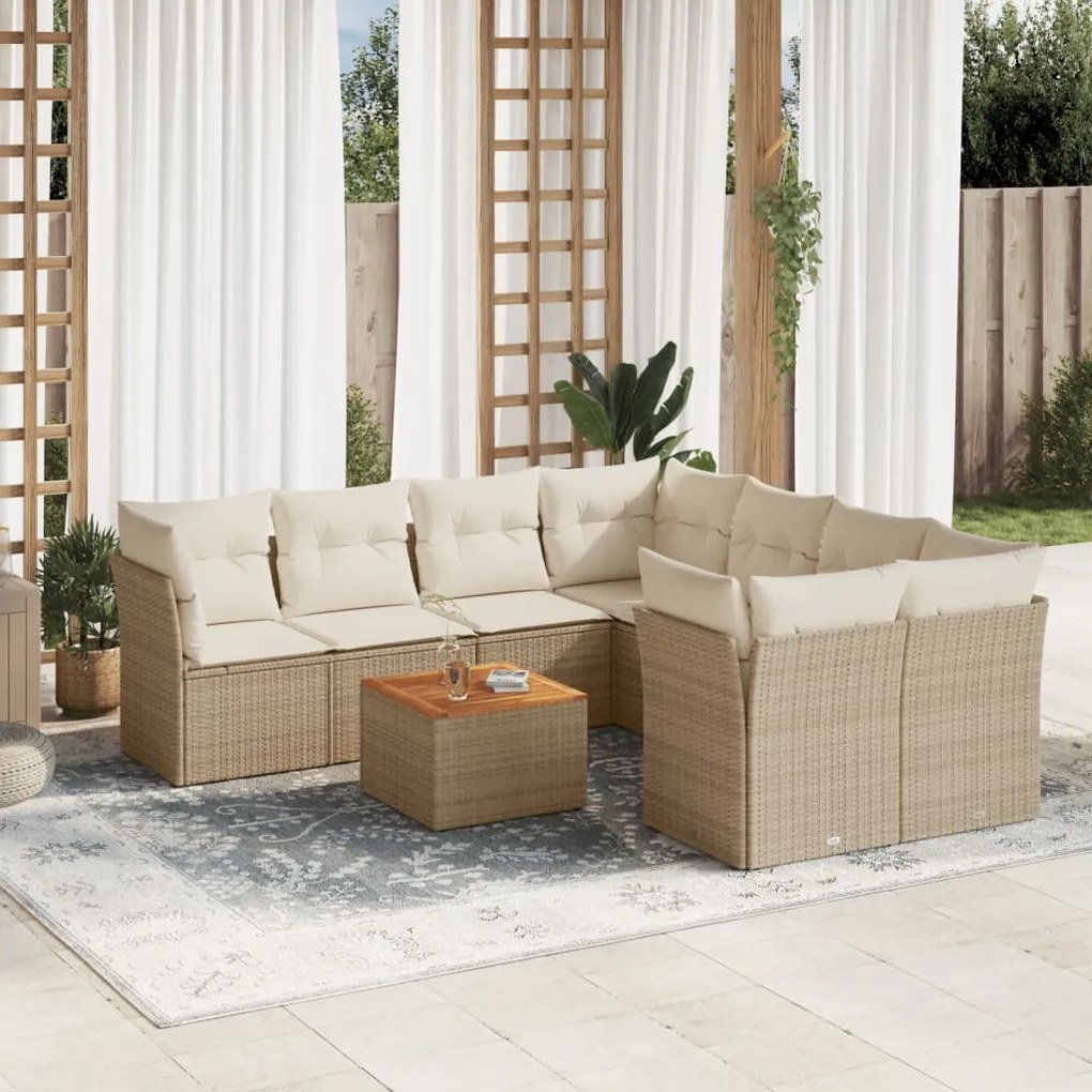 Set Divano da Giardino 9 pz con Cuscini Beige in Polyrattan