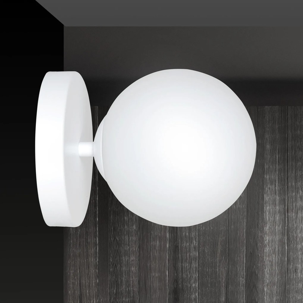 Applique 1 Luce Kalf In Acciaio Bianco A Bracci E Sfera In Vetro Opalino