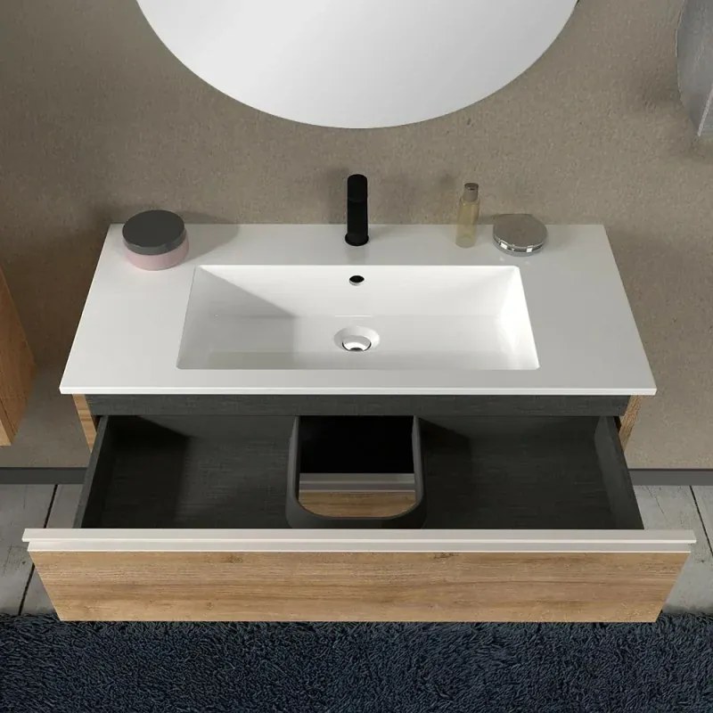 Mobile bagno sospeso 100 cm rovere miele con lavabo e specchio Master