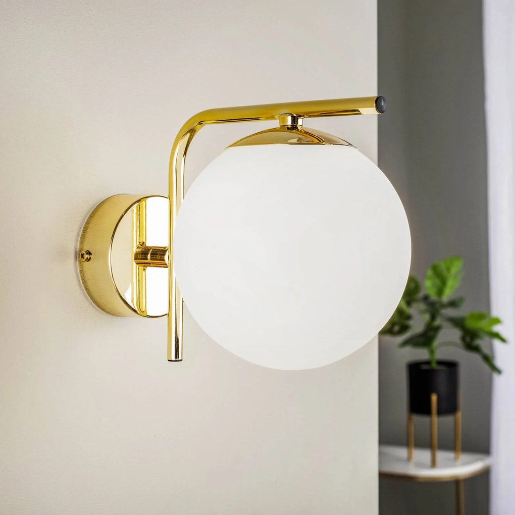 Domiluce Applique Aurora, color oro, vetro, altezza 17 cm, sfera, E14