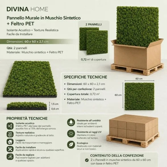 Pannello decorativo fonoassorbente acustico Set 2 pz 60x60 cm effetto muschio sintetico erba artificiale