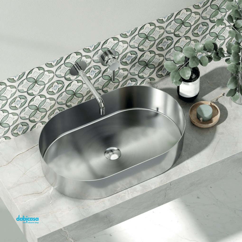 Lavabo D'Appoggio "Jupiter" Da 55 Cm Finitura Acciaio Spazzolato C/Piletta Click-Clack