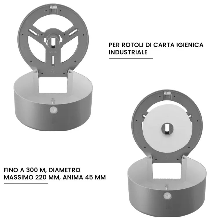 Distributore di carta igienica a rotoli fino a 300 mt in ABS grigio