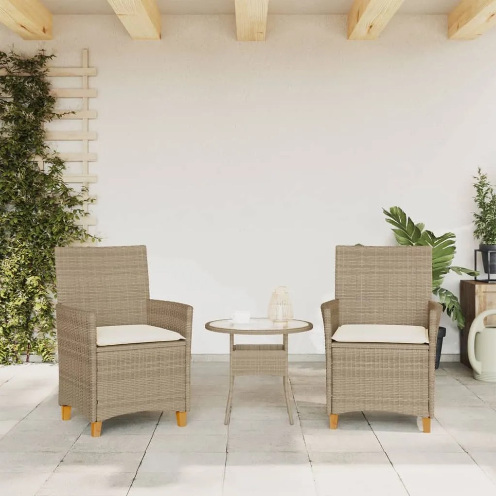 Sedie giardino con cuscini 2 pz beige polyrattan legno massello