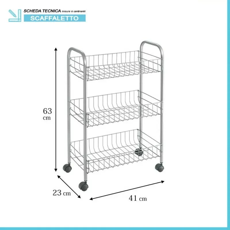 Carrello con ruote e 3 ripiani in acciaio con Polytherm argento Lugano