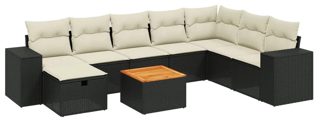 Set divani da giardino 9 pz con cuscini nero in polyrattan