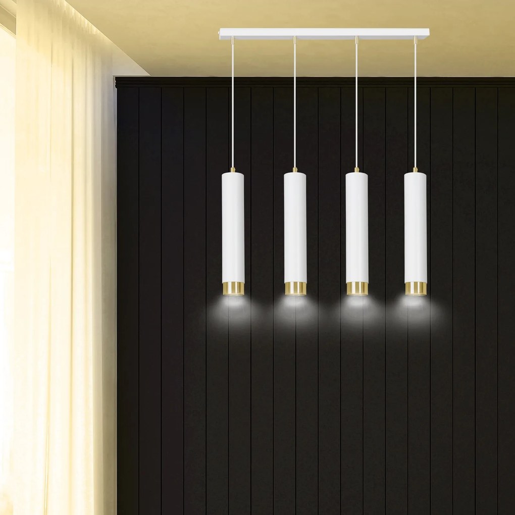 Lampadario 4 Luci Kibo In Acciaio Bianco E Tubolari In Bianco E Oro