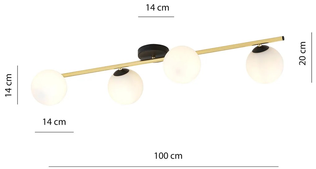 Plafoniera Contemporanea 4 Luci Eracle In Acciaio Oro/Nero E Sfere Vetro Bianco