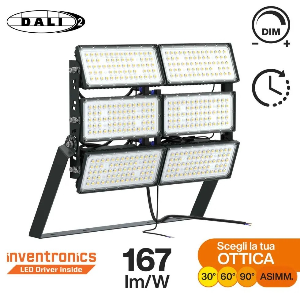 Faro Modulare LED 1.200W IP66, 167lm/W Dimmerabile DALI - INVENTRONICS Colore Bianco Freddo 5.000K, Scegli l'angolo di illuminazione 90°, Scegli le staffe dei moduli Orientabili