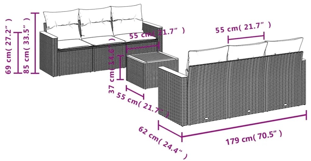 Set Divani da Giardino 7 pz con Cuscini Grigio in Polyrattan