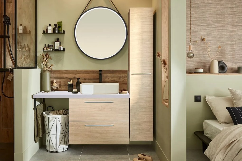 Mobile da bagno sotto lavabo SENSEA bianco / rovere nat. L 60 x H 58 x P 46 cm, lavabo non incluso