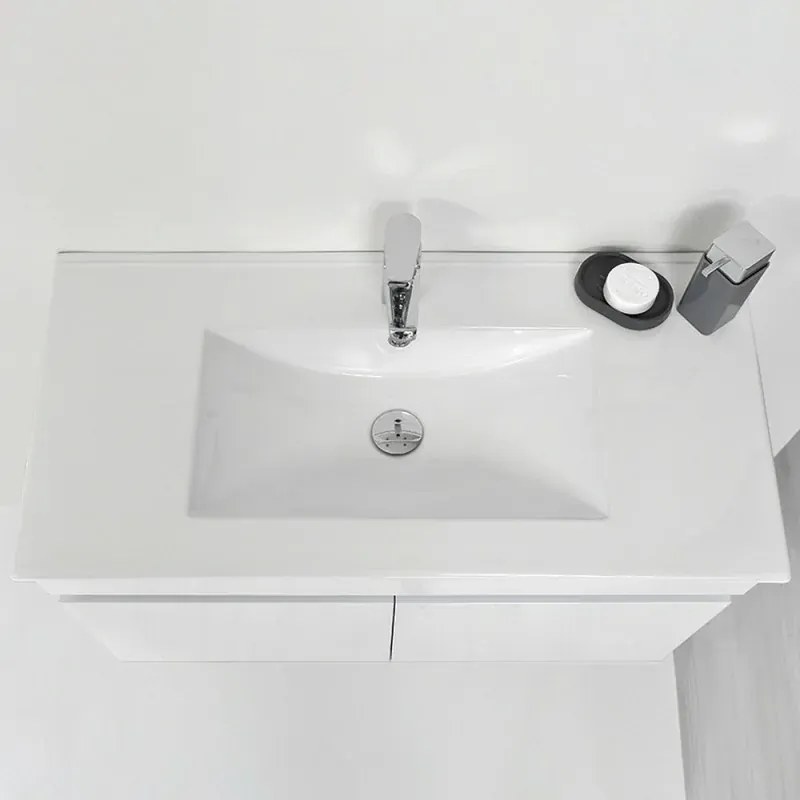 Composizione bagno sospesa 90 cm Duble bianco lucido con top e specchio