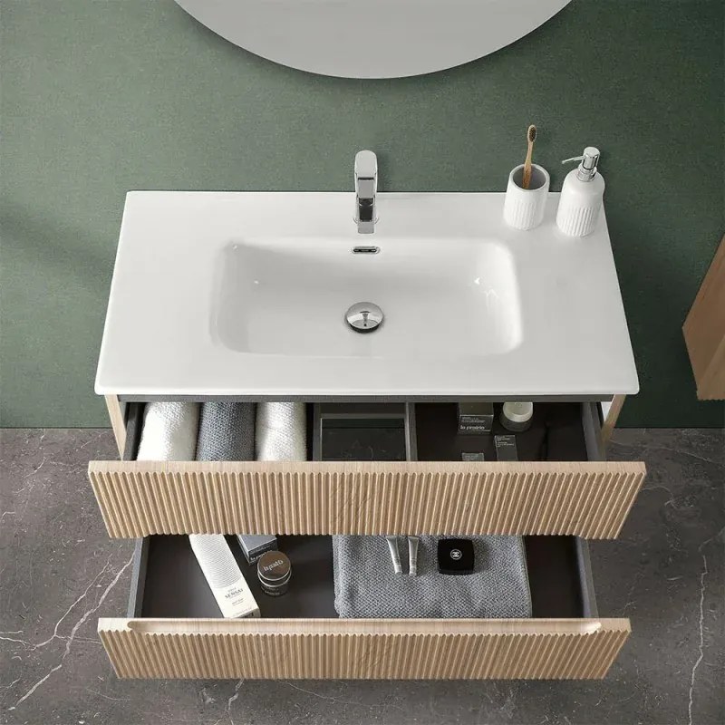 Mobile bagno sospeso cannettato 90 cm rovere chiaro con specchio Bali