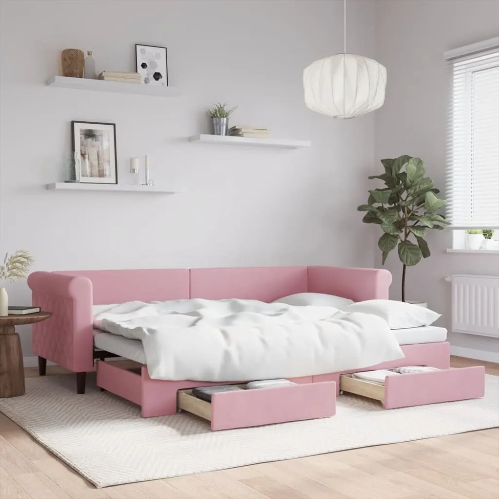 Divano Letto Estraibile Con Cassetti Rosa 80x200 Cm Velluto /