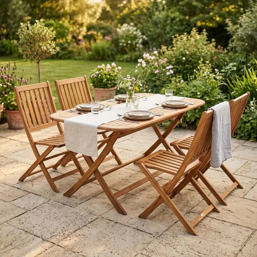 SOLEA - set tavolo in alluminio e teak cm 150 x 80 x 74 h con 4 sedie Dresda