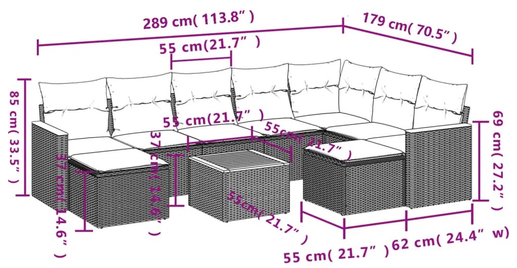 Set divano da giardino 10 pz con cuscini beige in polyrattan