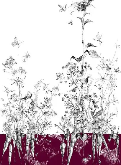 Edmond Petit Carta da parati Lièvres/Fenouil/Tournesol - Aubergine - Tournesol Droit - Aubergine