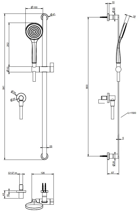 Asta doccia con saliscendi  presa acqua doccetta anticalcare e flessibile 150 cm Cromo Gessi Emporio 47264