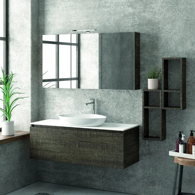 Composizione bagno 120cm sospesa composta da mobile specchio contenitore e 2 pensili - KAMALU