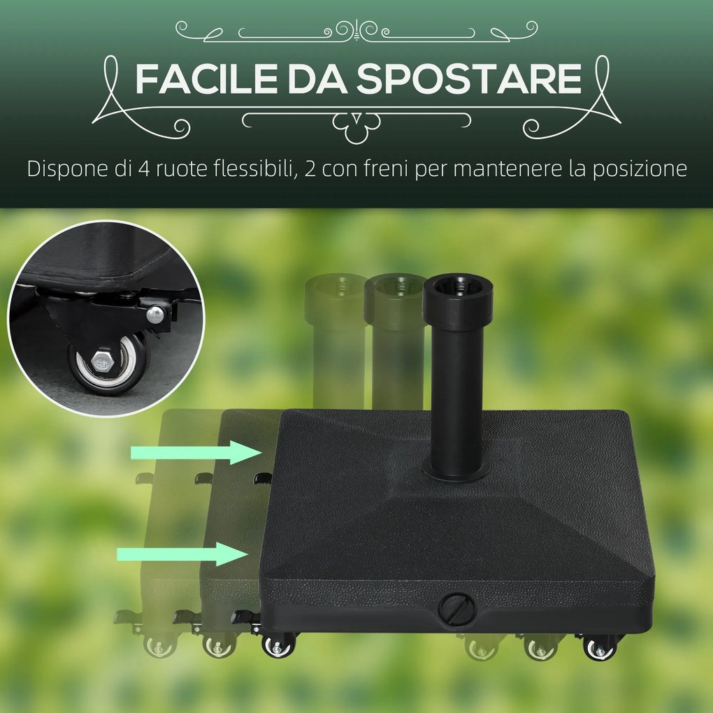Base per Ombrellone da Giardino 45x45x39 cm Palo 38-48 mm con Ruote in HDPE Nero...